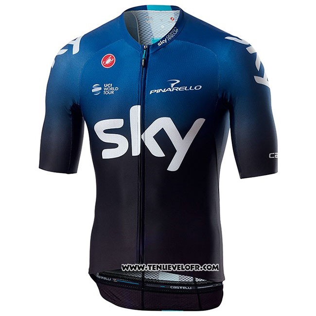 2019 Maillot Ciclismo Sky Aero Noir Bleu Manches Courtes et Cuissard